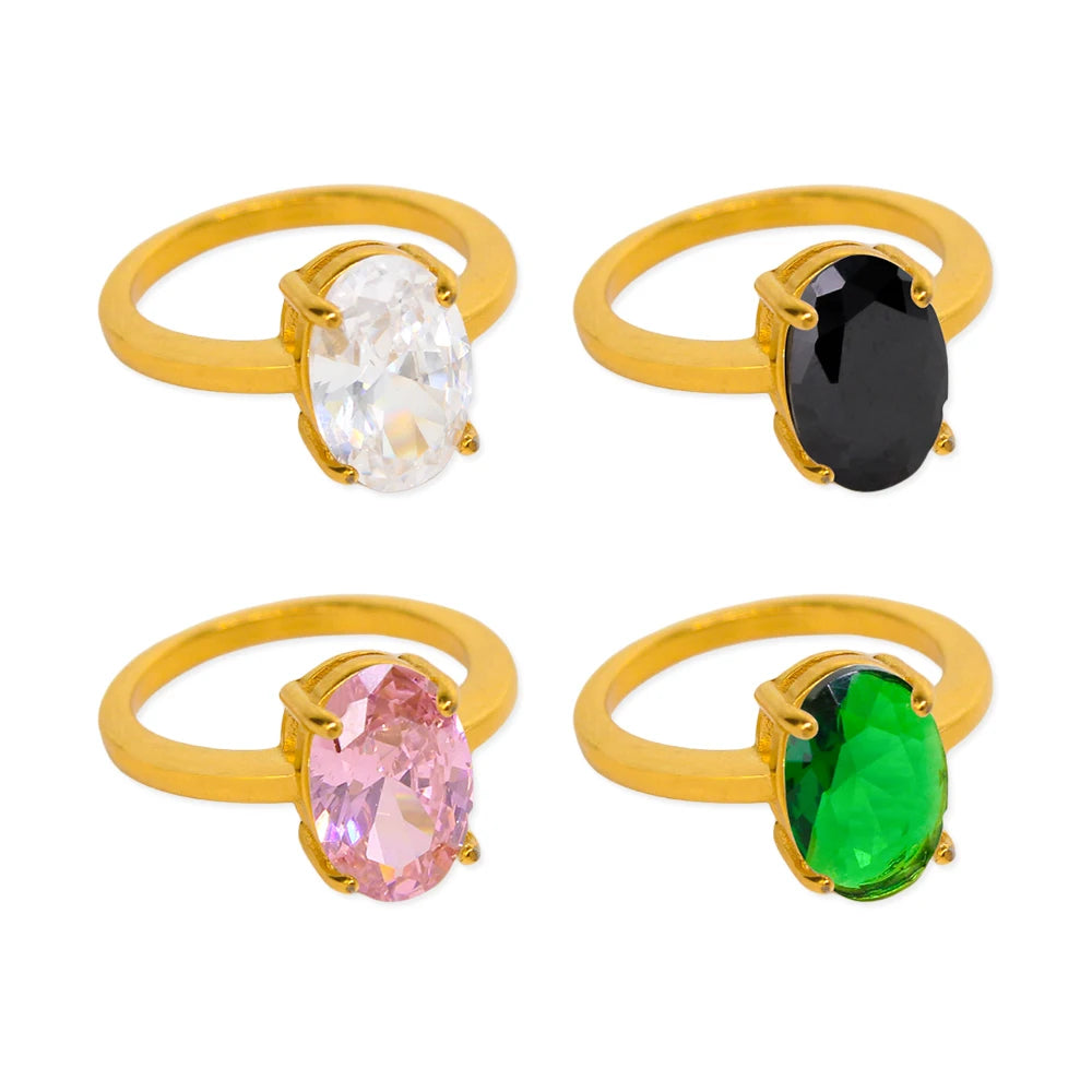 Exquisite Oval AAA Cubic Zirconia Inlaid Stainless Steel Ring Women's Transparent Gem Stone Index Finger Rust Proof Accessories