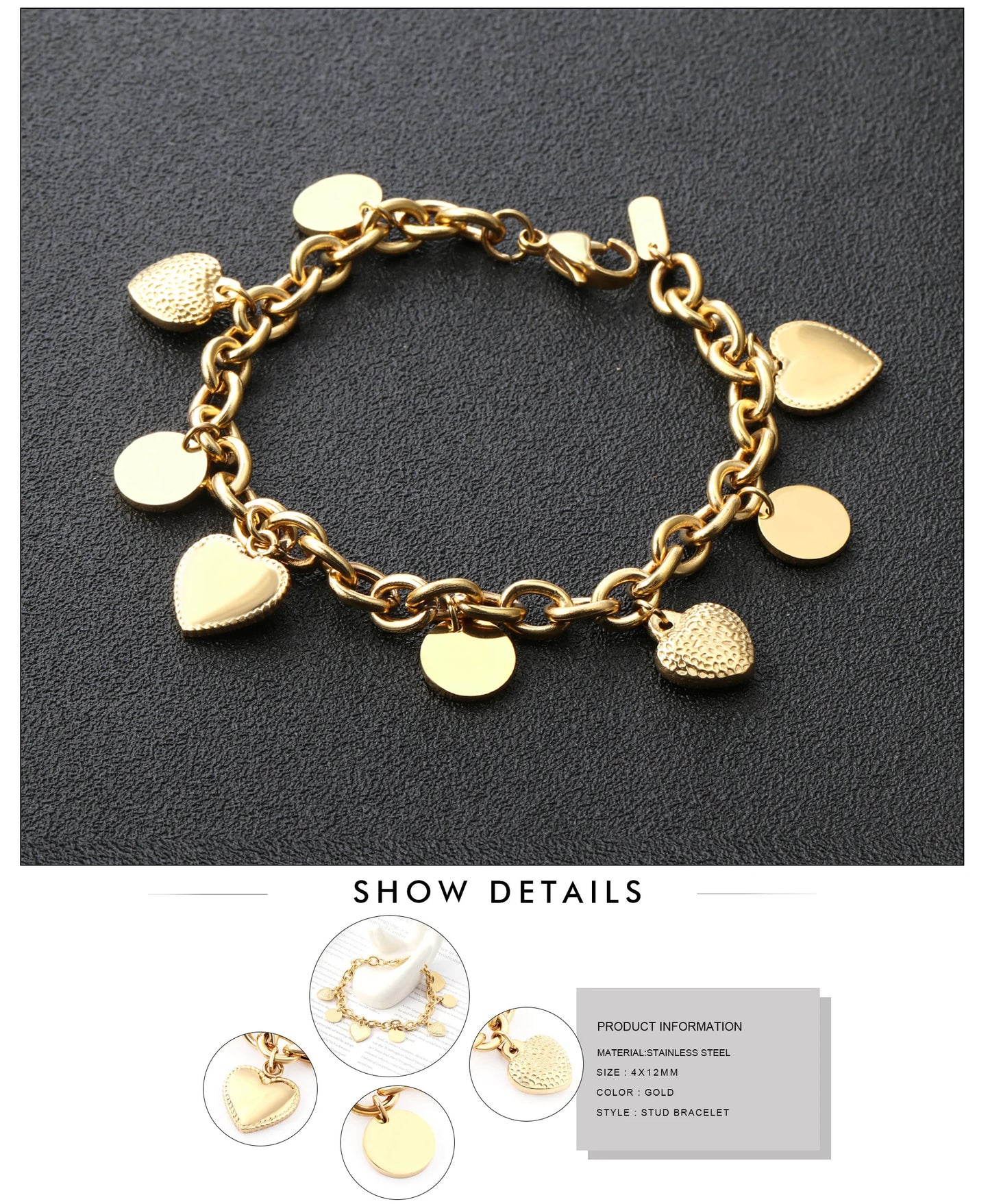 Zenat Stainless Steel Heart Coin Charm Bracelet for Women