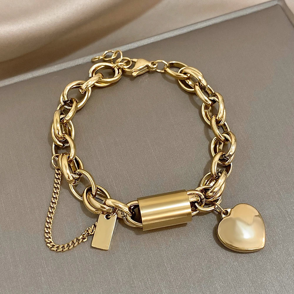 Lobster Heart Lock Stainless Steel Bracelet Gold Plated