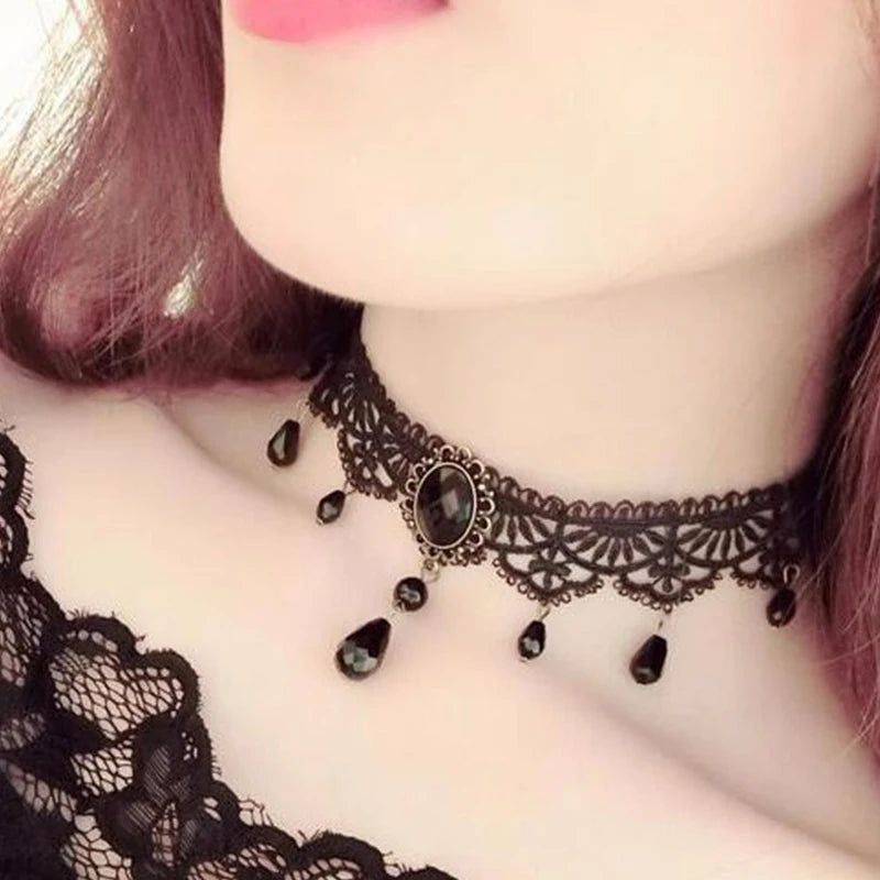 Zenat Gothic Black Lace Crystal Choker Necklace