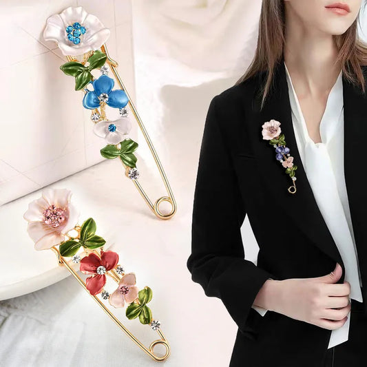 Zenat Rhinestone Flower & Leaf Lapel Pin Brooches