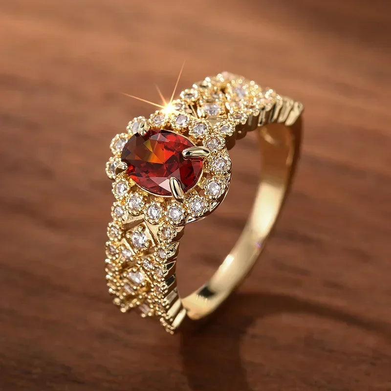 2025 European and American Red Cubic Zirconia Ring, Oval Geometric Fashion Temperament Elegant and Dazzling Jewelry Accessories