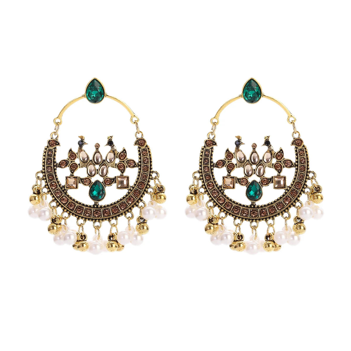 Zenat Retro Green Carved Pearl Tassel Jhumka