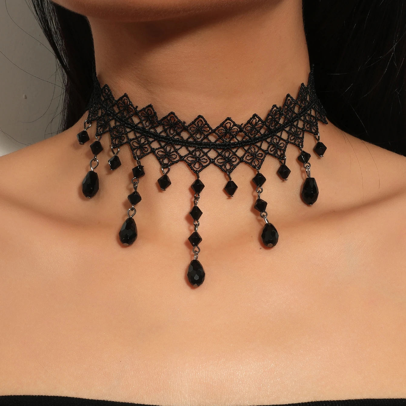 Zenat Neo-Gothic Black Lace Punk Choker Necklace