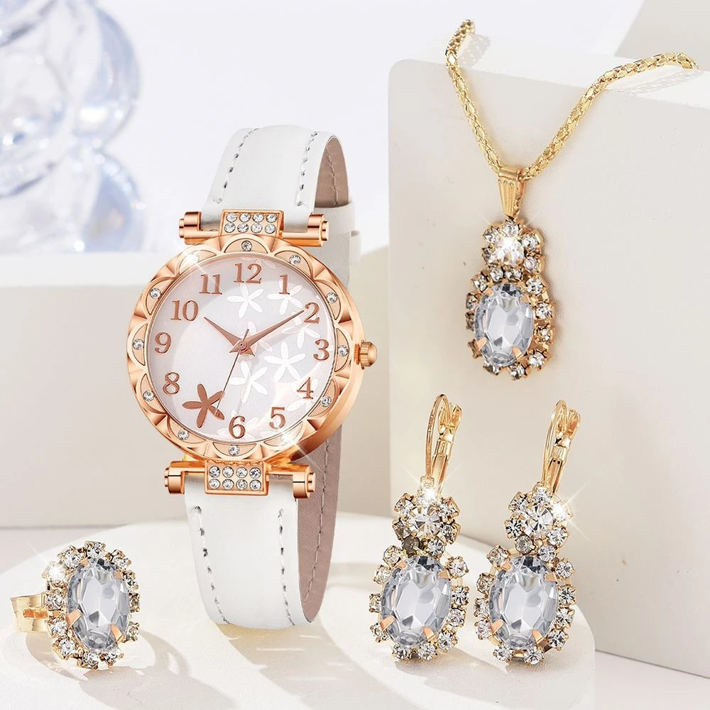 Zenat 5Pcs Set Luxury Rhinestone Watch Quartz Bracelet Set