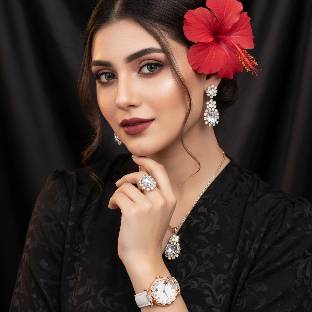Zenat 5Pcs Set Luxury Rhinestone Watch Quartz Bracelet Set
