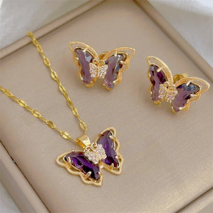 Zenat Cute Micro-Inlaid Butterfly Necklace & Earrings Set