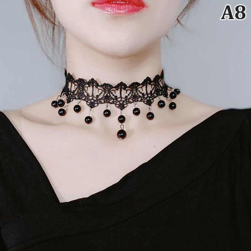 Zenat Gothic Black Lace Crystal Choker Necklace