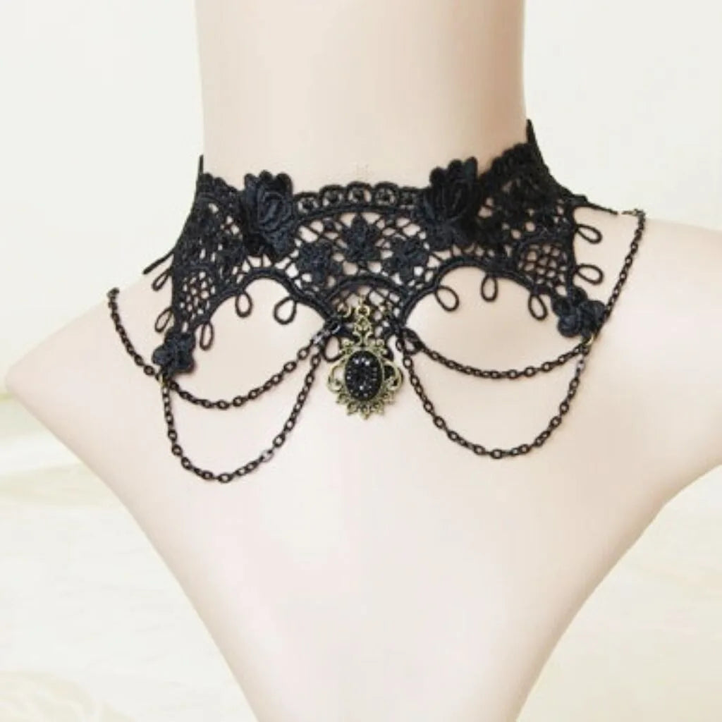 Zenat Neo-Gothic Black Lace Punk Choker Necklace