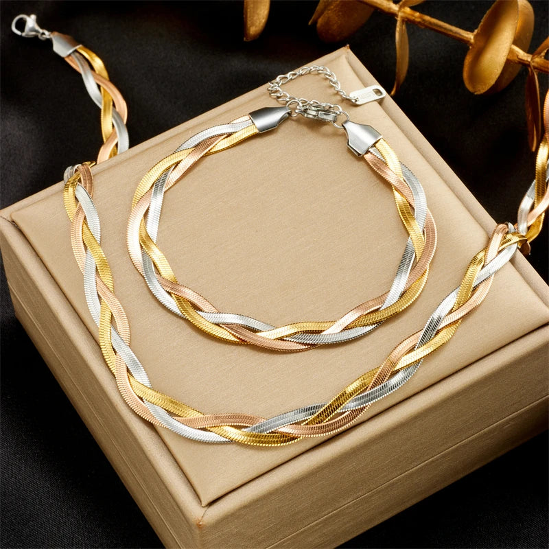 Zenat Stainless Steel Crossover Chain Necklace Bracelet