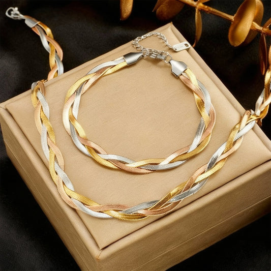 Zenat Stainless Steel Crossover Chain Necklace Bracelet