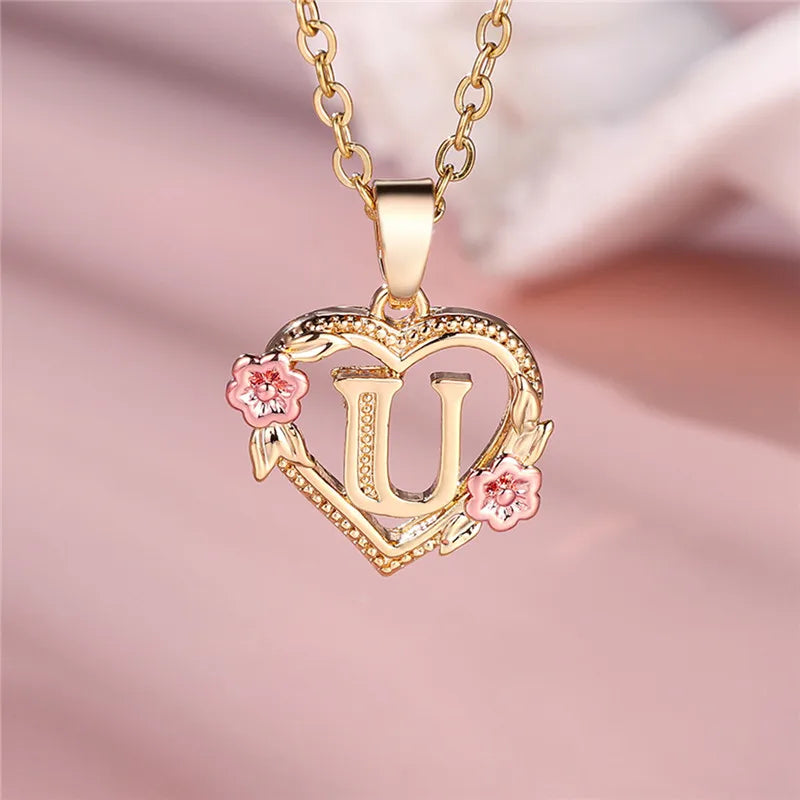 Zenat A-Z Letter Flower Gold Pendant Necklace