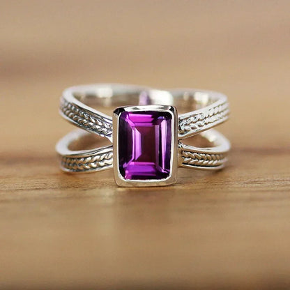 Zenat Purple Cubic Zirconia Square Crystal Ring