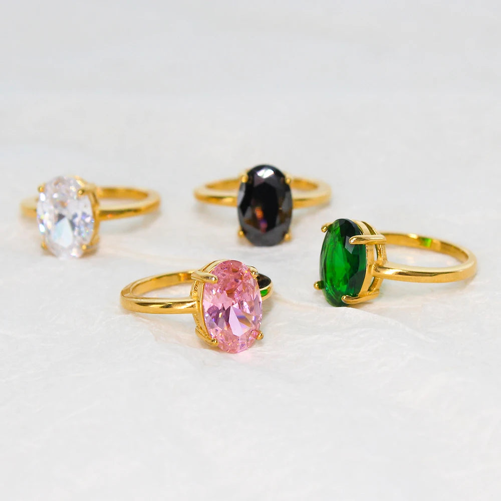 Exquisite Oval AAA Cubic Zirconia Inlaid Stainless Steel Ring Women's Transparent Gem Stone Index Finger Rust Proof Accessories