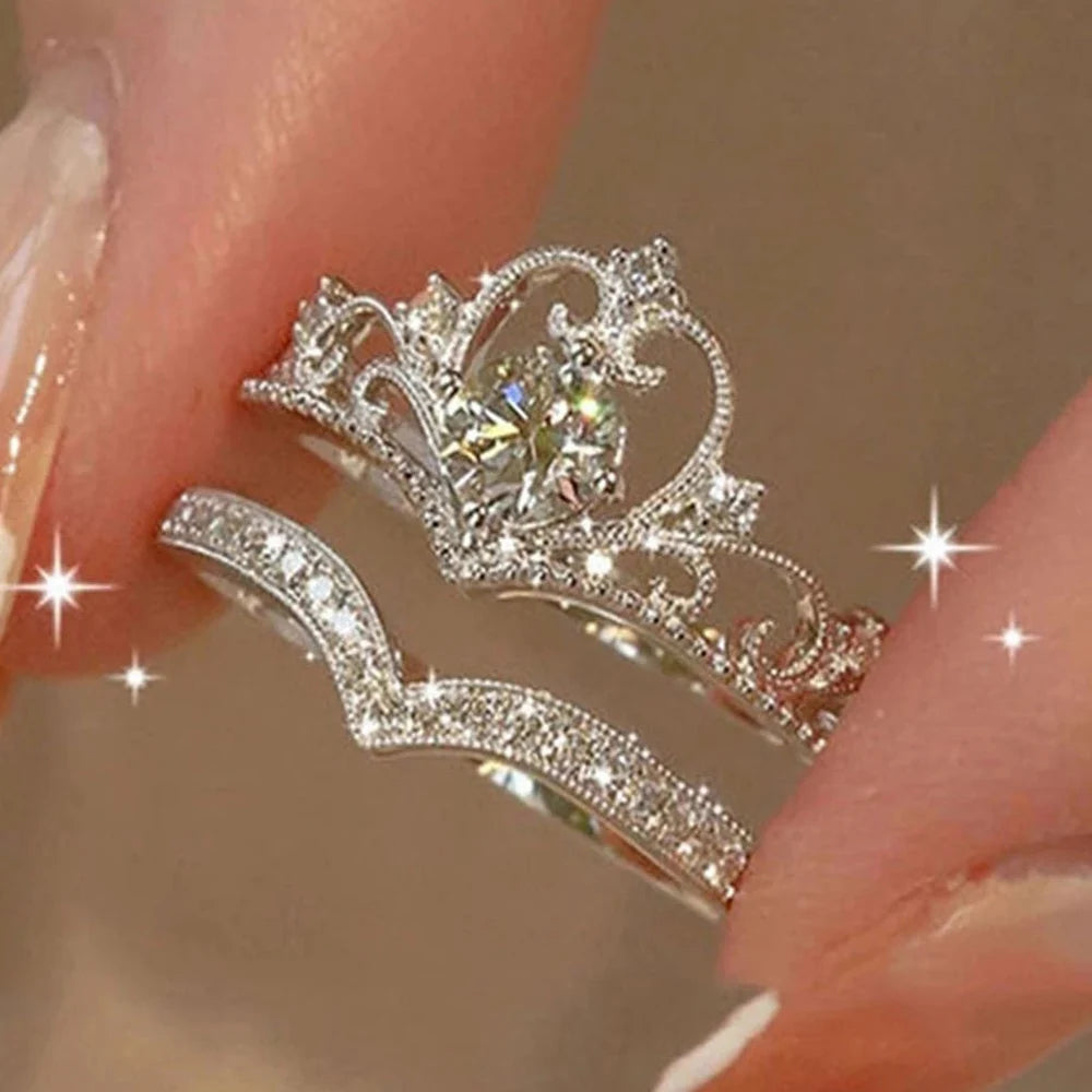 Zenat 2PCS Fairy Crystal Adjustable Crown Rings