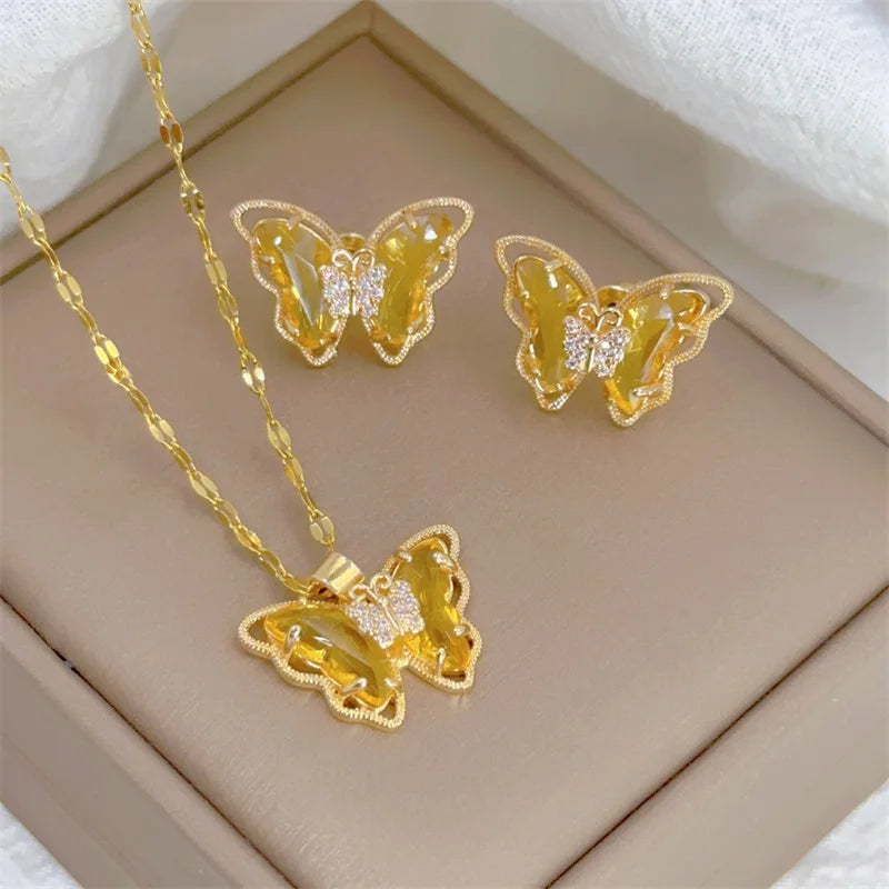 Zenat Cute Micro-Inlaid Butterfly Necklace & Earrings Set