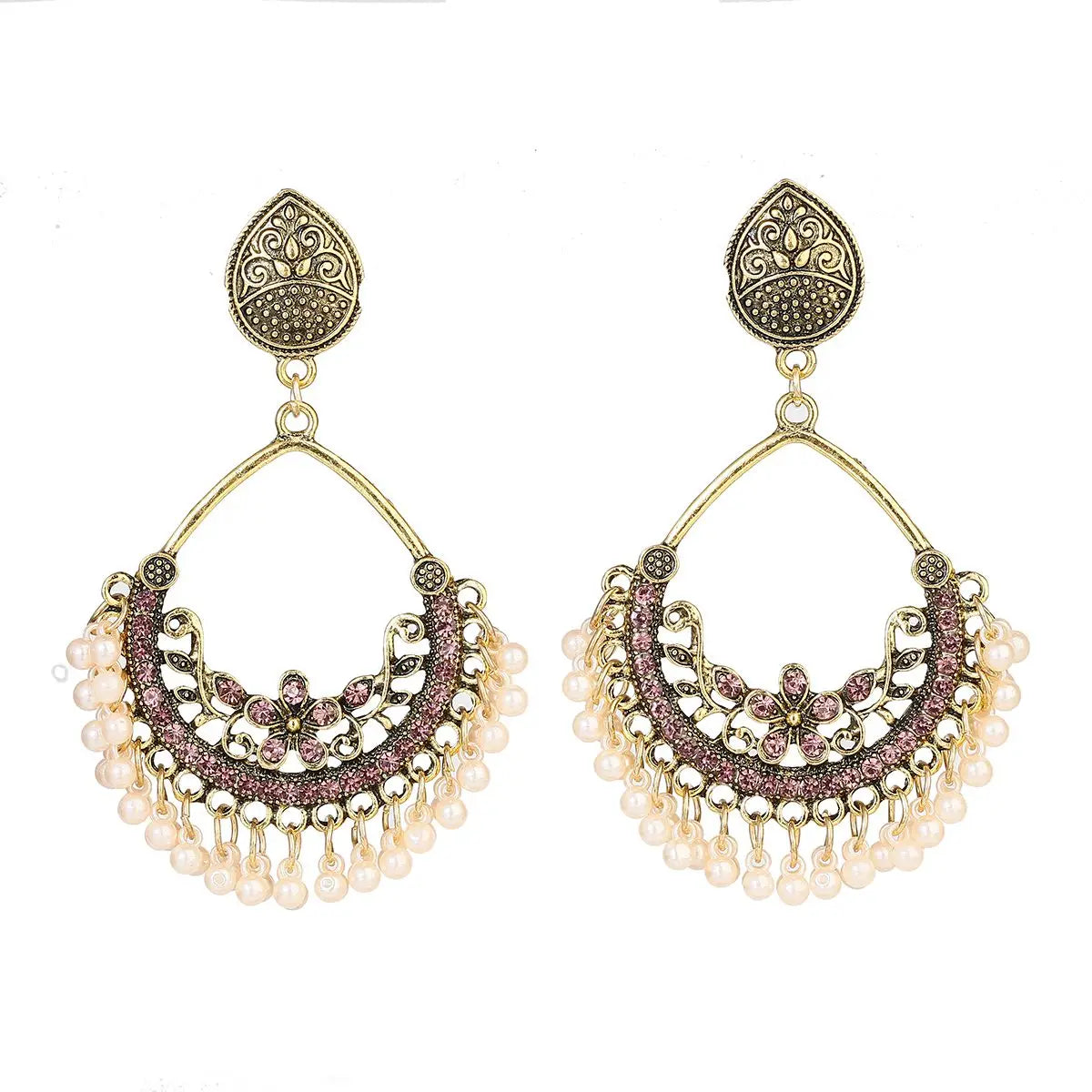 Zenat Retro Green Carved Pearl Tassel Jhumka