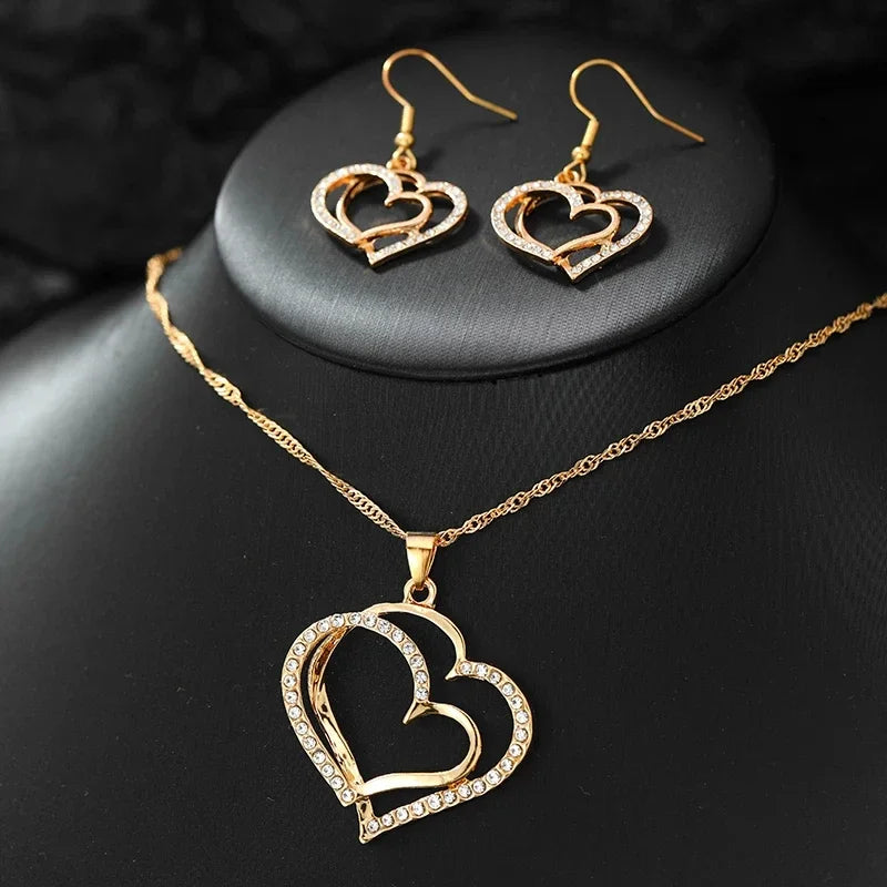 Zenat 3PC Double Heart Rhinestone Jewelry Set