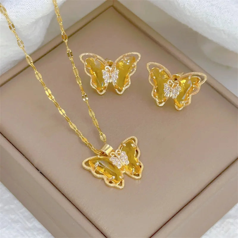 Zenat Cute Micro-Inlaid Butterfly Necklace & Earrings Set