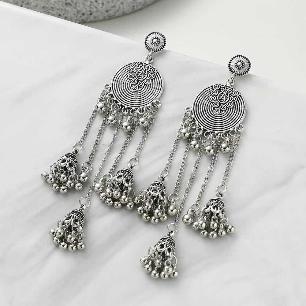 Zenat Retro Geometric Bead Tassel Jhumka Earrings