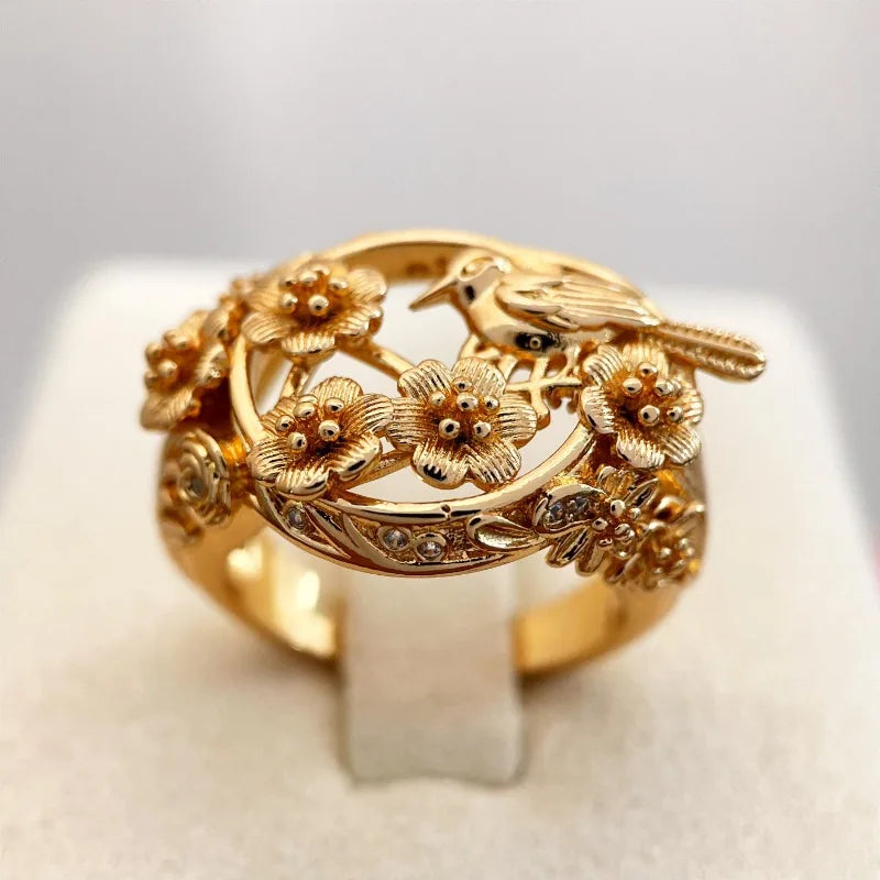 Zenat Vintage Flower & Bird Motif Beads Ring