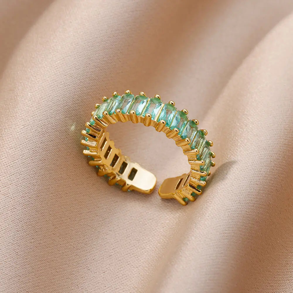 Colorful Cubic Zircon Open Ring For Women Stainless Steel Gold Color Square Rings Bohemian Romantic couple Jewelry Gifts