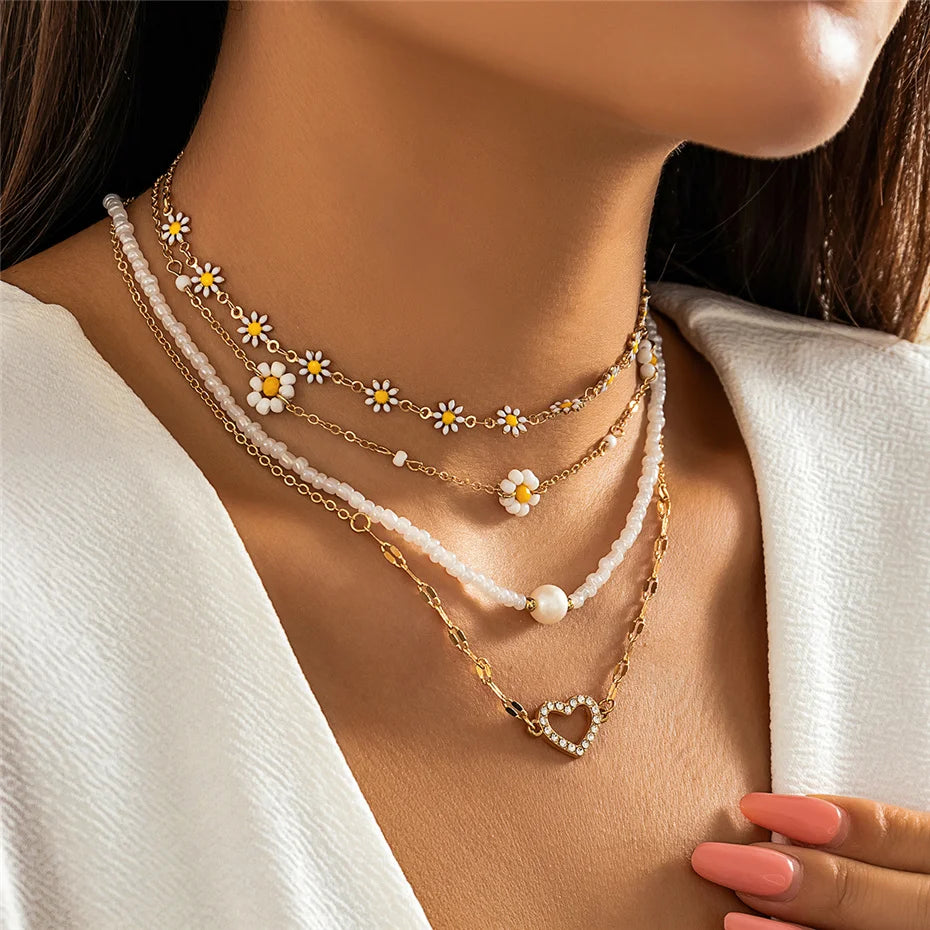 Zenat 4PC Sunflower & Heart Link Chain Jewelry Set