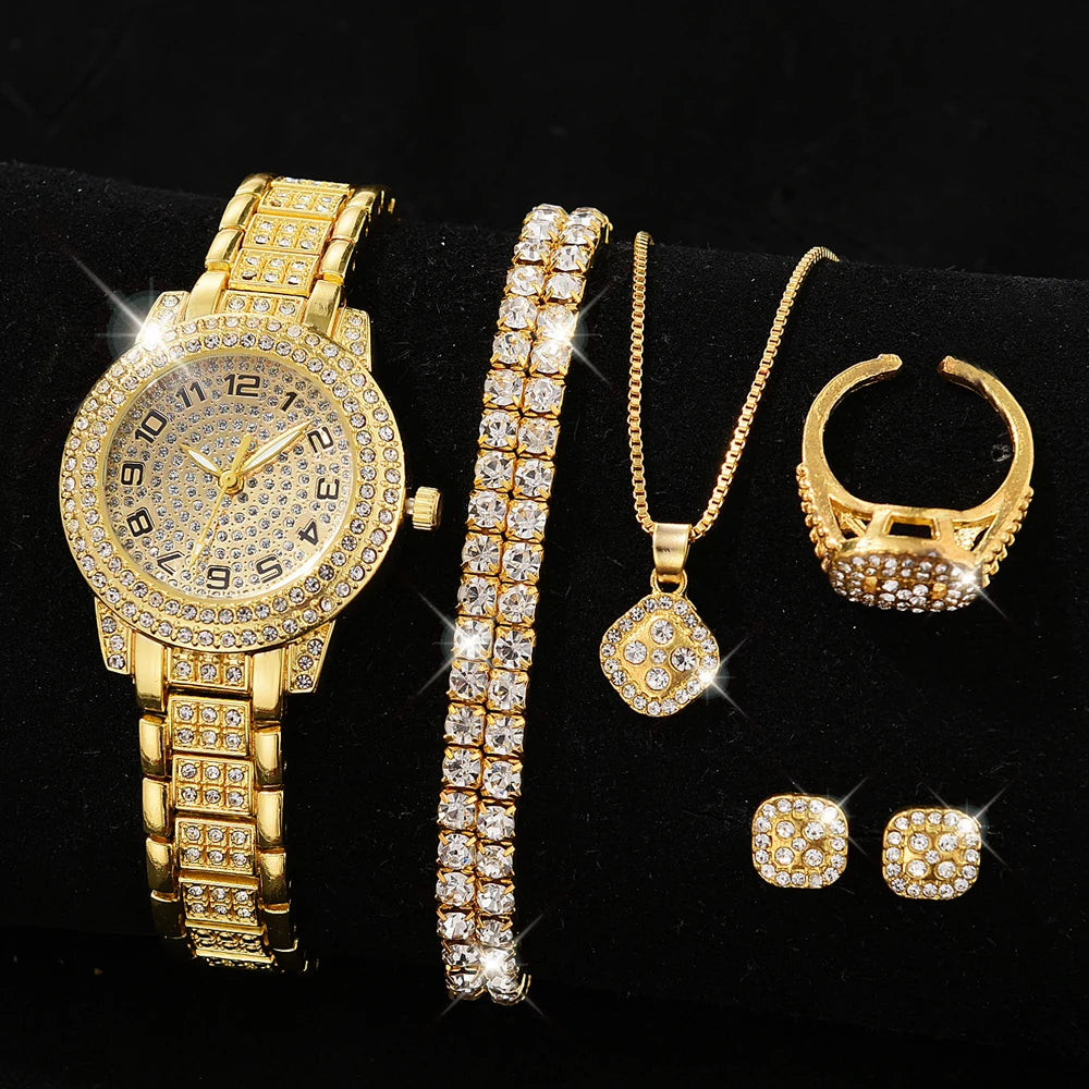 Zenat Quartz Watch Gold Luxury Ring Necklace Earring Set