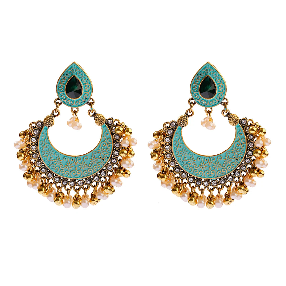 Zenat Retro Green Carved Pearl Tassel Jhumka