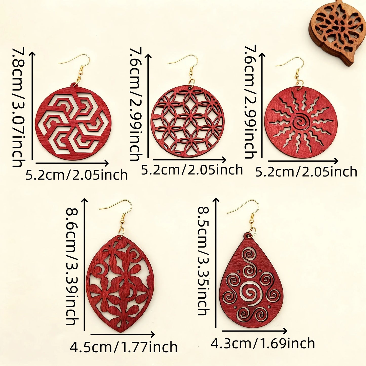 Zenat 5 Pairs Red Wood Hollow Earrings – Trendy