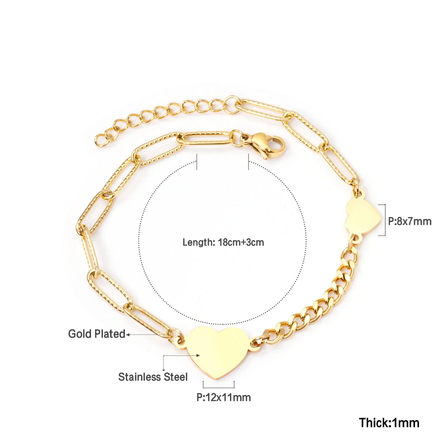 Zenat Stainless Steel Heart Coin Charm Bracelet for Women