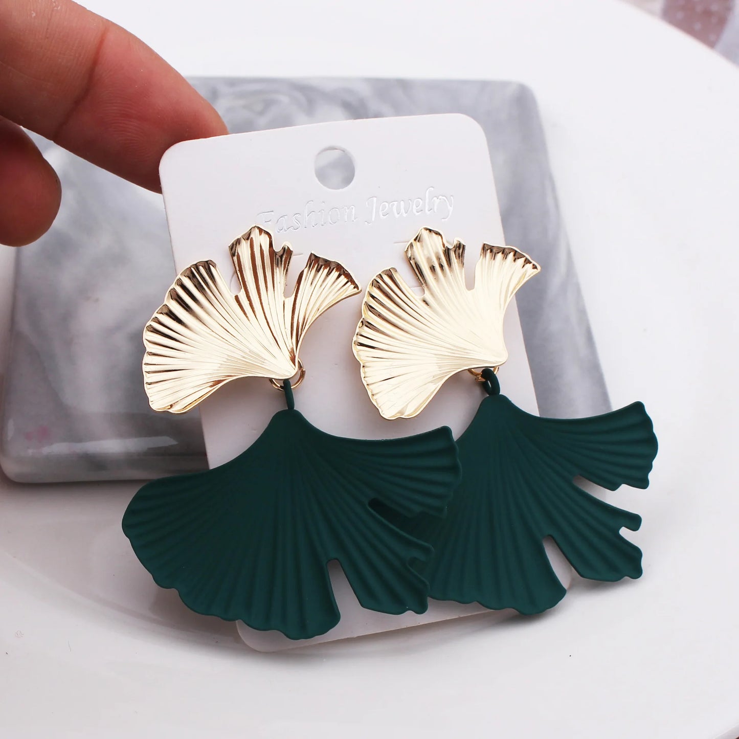 Zenat Geometric Ginkgo Leaf Drop Earrings