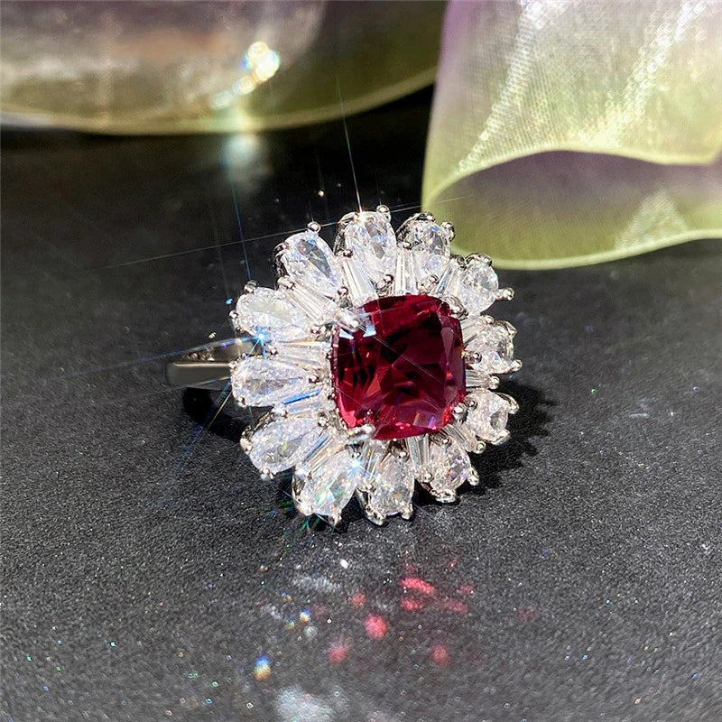 Zenat Deluxe Floral Red AAA Cubic Zirconia Gem Ring for Women