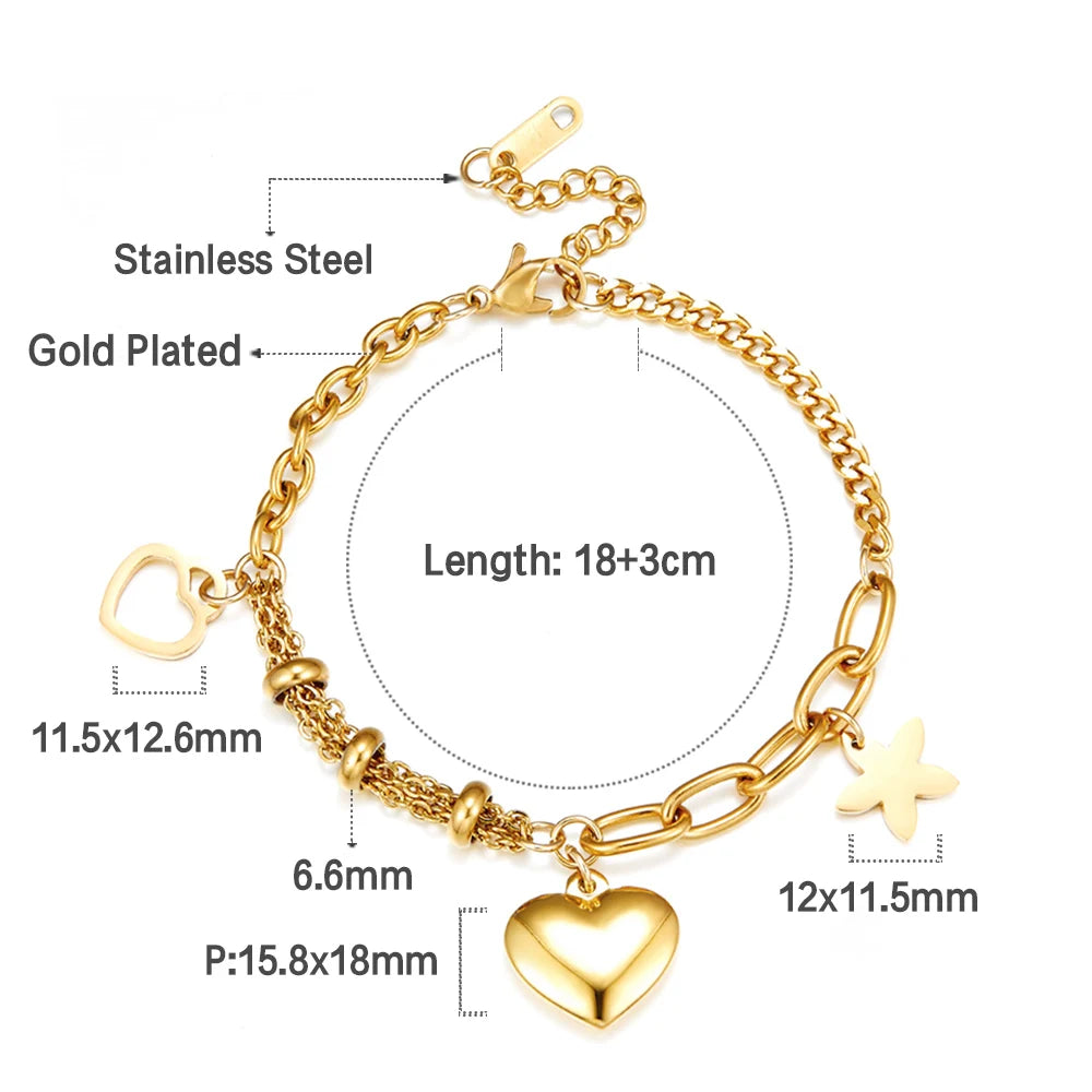Zenat Stainless Steel Heart Coin Charm Bracelet for Women
